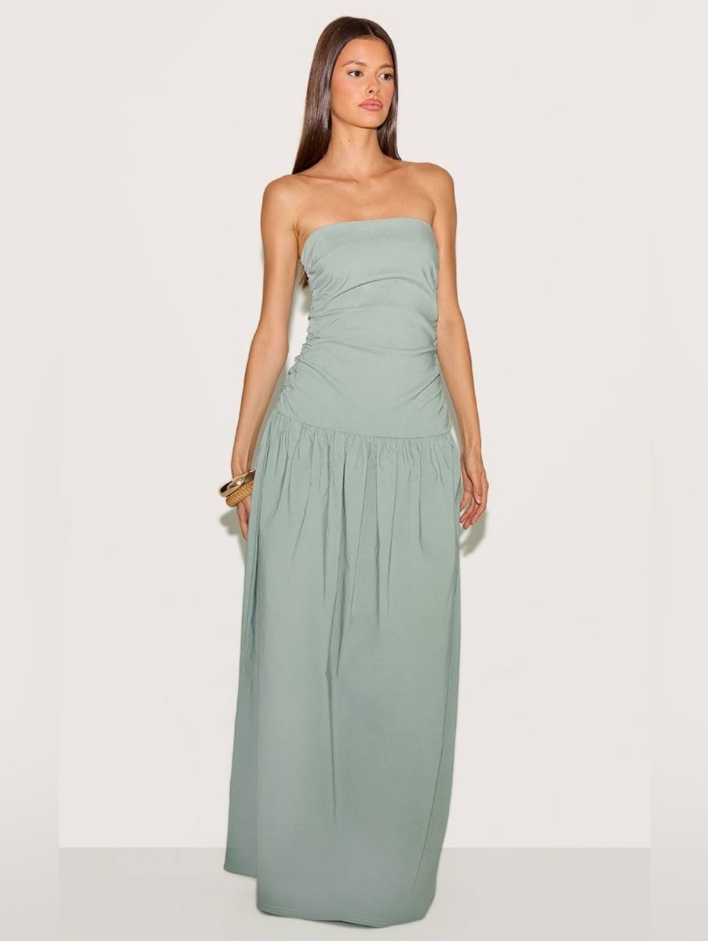 Pretty Little Thing Sage Stretch Woven Bandeau Ruched Maxi Dress Size 12